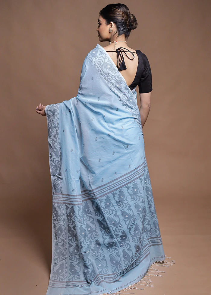 Blue Pure Cotton Saree With Blouse Piece - Image 3