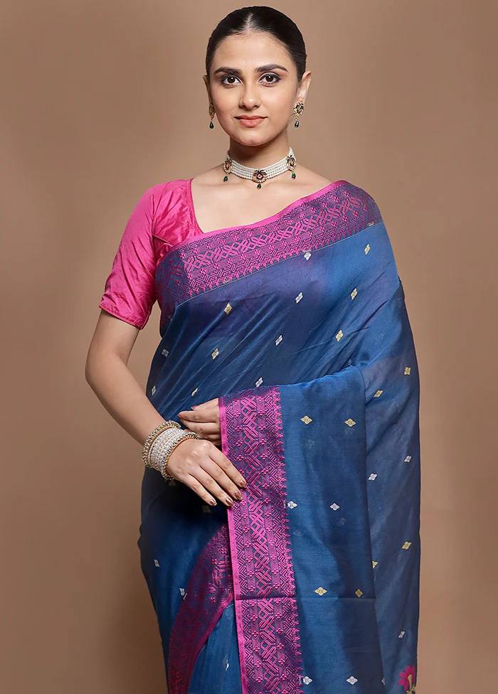 Blue Pure Cotton Saree With Blouse Piece - Image 2