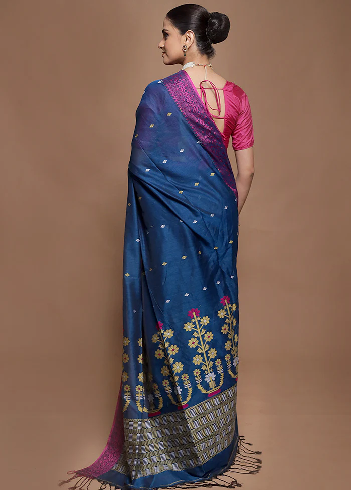 Blue Pure Cotton Saree With Blouse Piece - Image 3