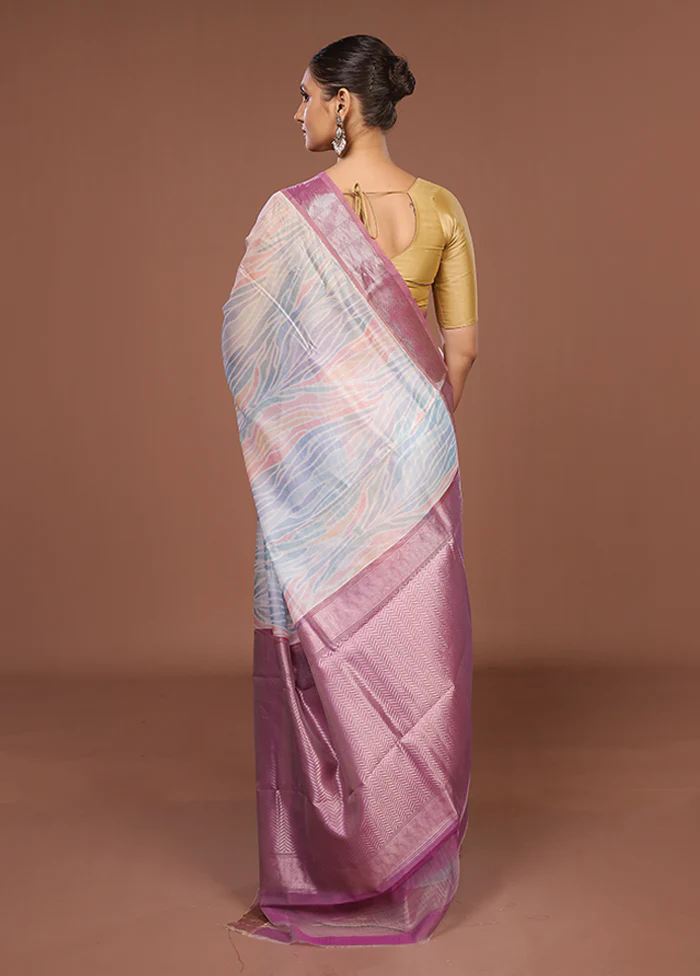 Blue Pure Cotton Saree With Blouse Piece - Image 3
