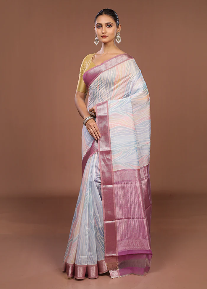Blue Pure Cotton Saree With Blouse Piece - Image 4