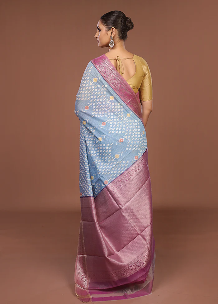 Blue Pure Cotton Saree With Blouse Piece - Image 3