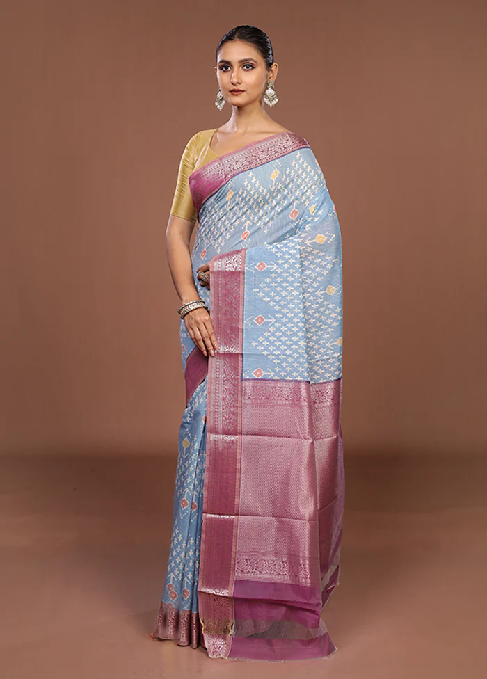 Blue Pure Cotton Saree With Blouse Piece - Image 4