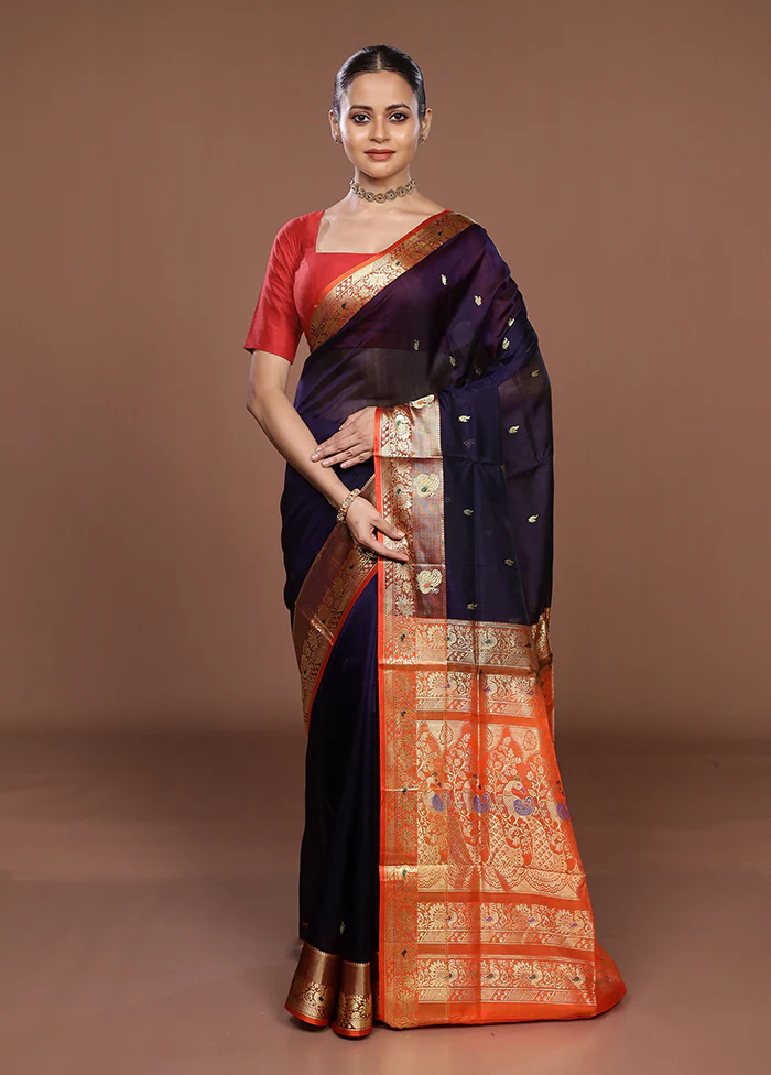 Blue Pure Cotton Saree With Blouse Piece - Image 2