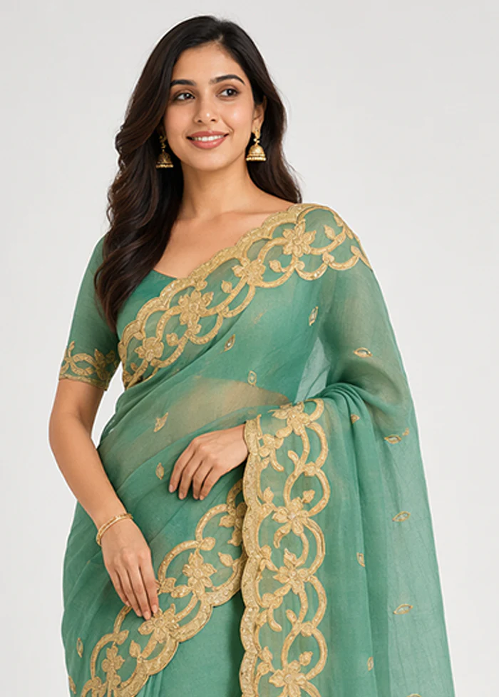 Blue Pure Cotton Saree With Blouse Piece - Image 2