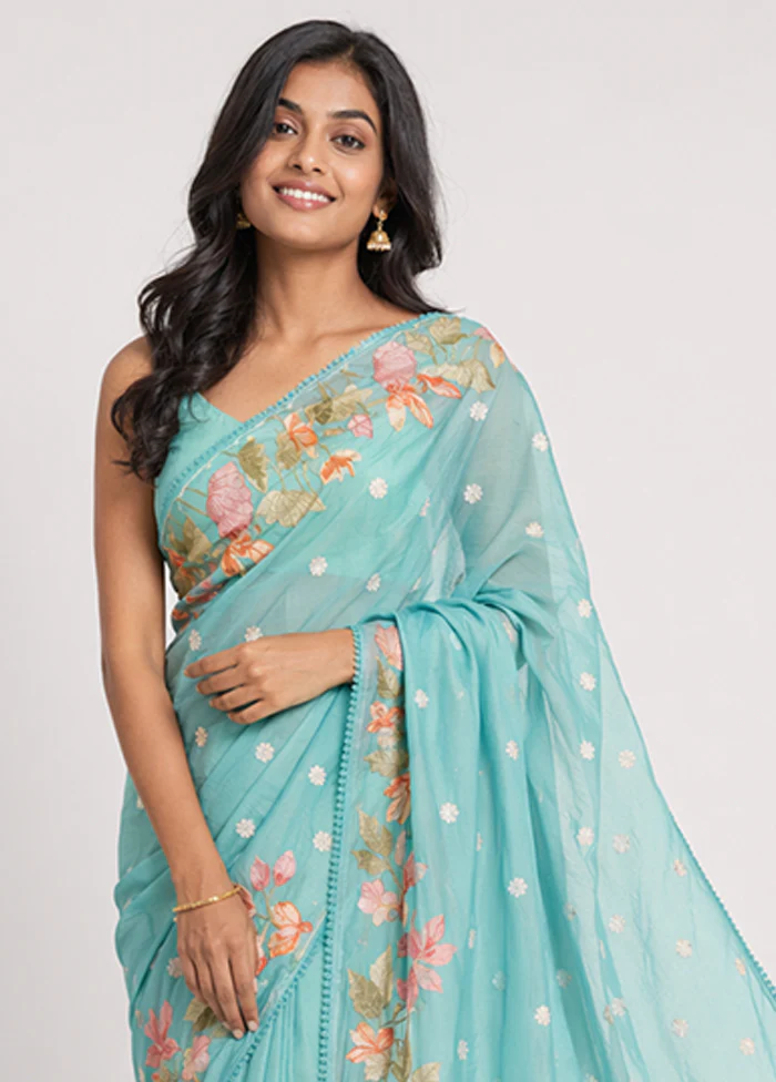 Blue Pure Cotton Saree With Blouse Piece - Image 2