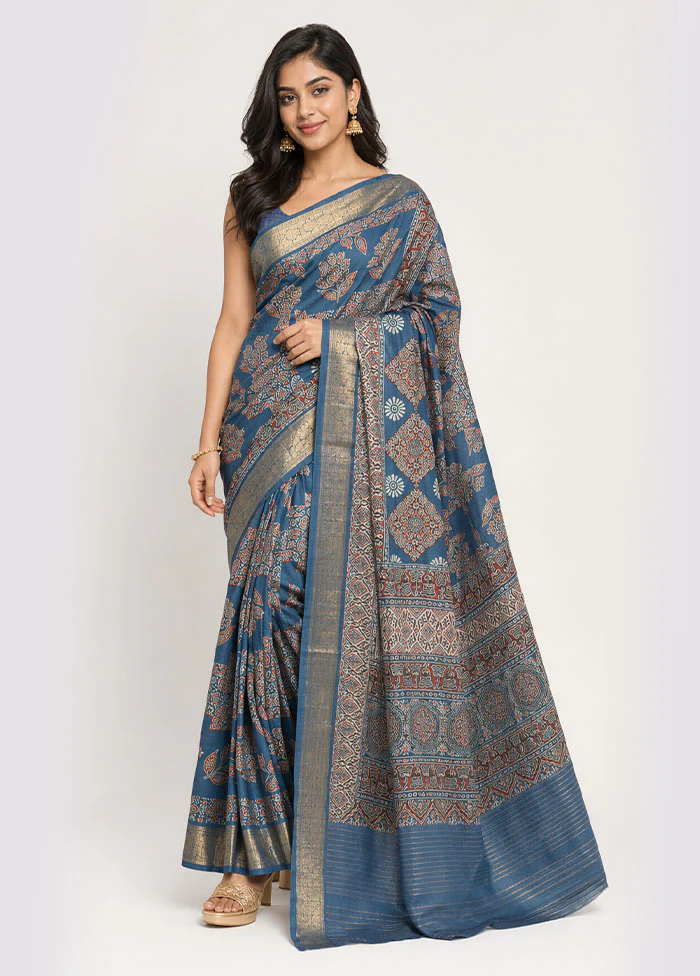 Blue Pure Cotton Saree With Blouse Piece