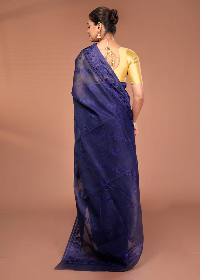 Blue Pure Cotton Saree With Blouse Piece - Image 3