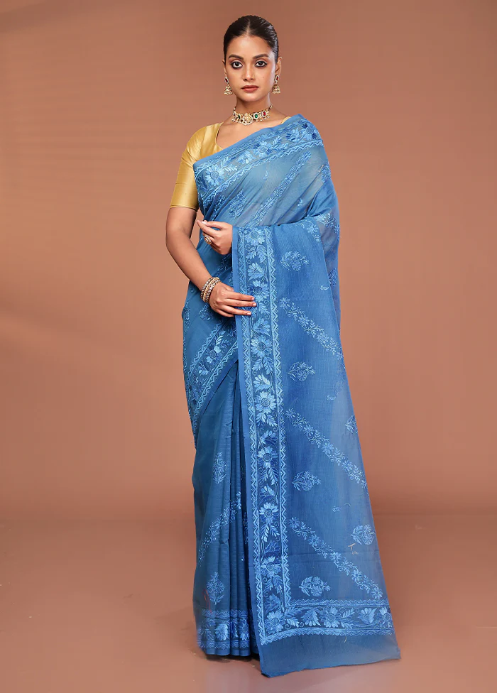 Blue Pure Cotton Saree With Blouse Piece - Image 2