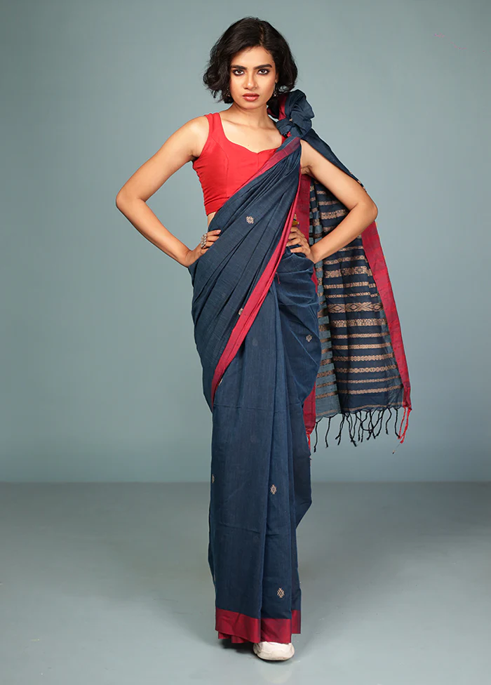 Blue Pure Cotton Saree Without Blouse Piece - Image 2