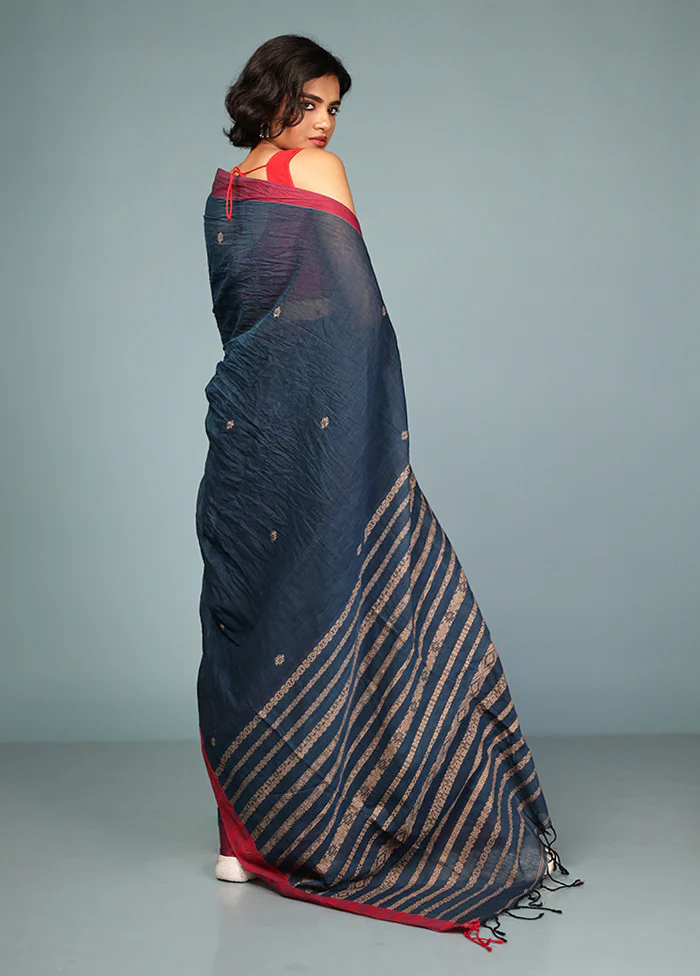 Blue Pure Cotton Saree Without Blouse Piece - Image 3