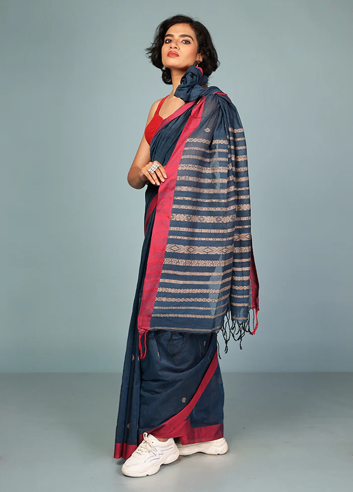 Blue Pure Cotton Saree Without Blouse Piece - Image 4