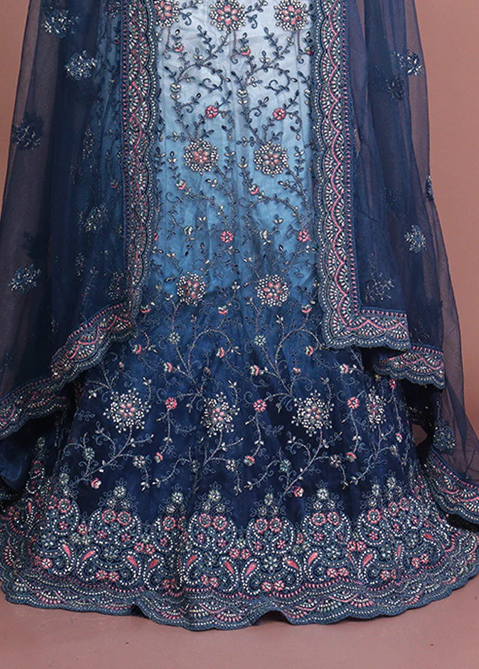 Blue Pure SIlk Dupatta Lehenga Set - Image 2