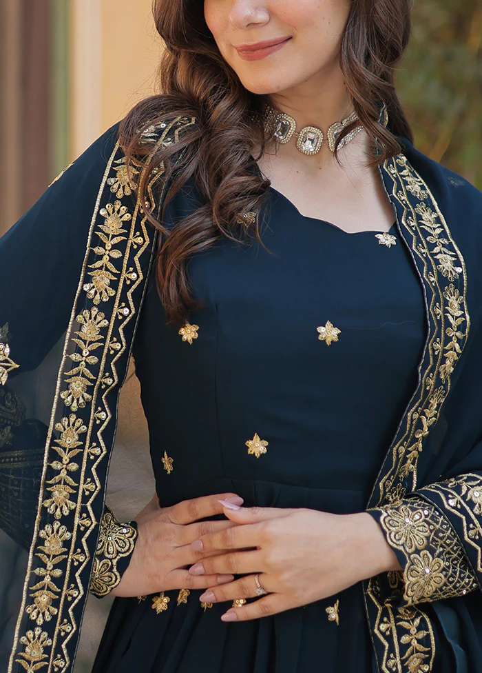 Blue Readymade Georgette Dupatta Indian Dress - Image 3
