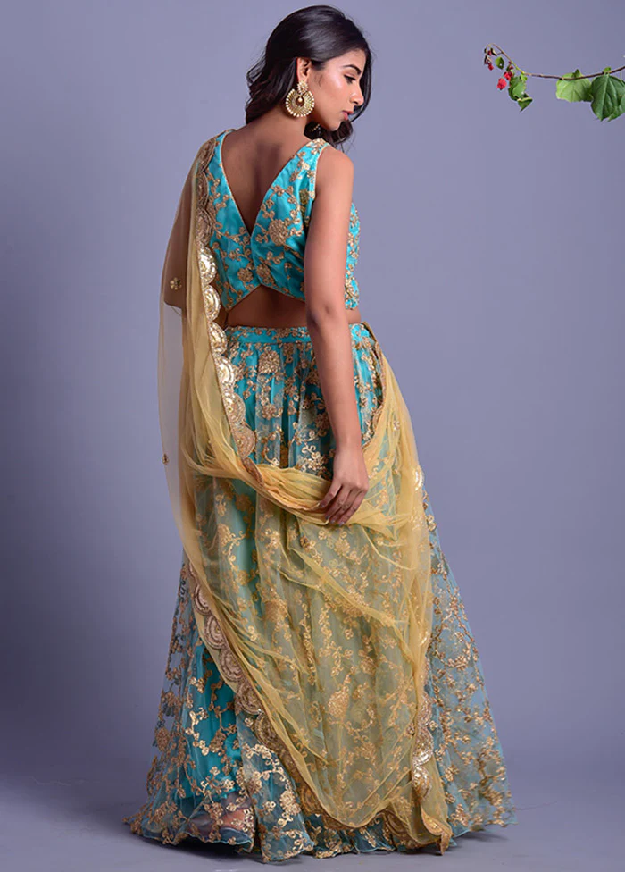 Blue Readymade Net Lehenga Set With Dupatta - Image 3