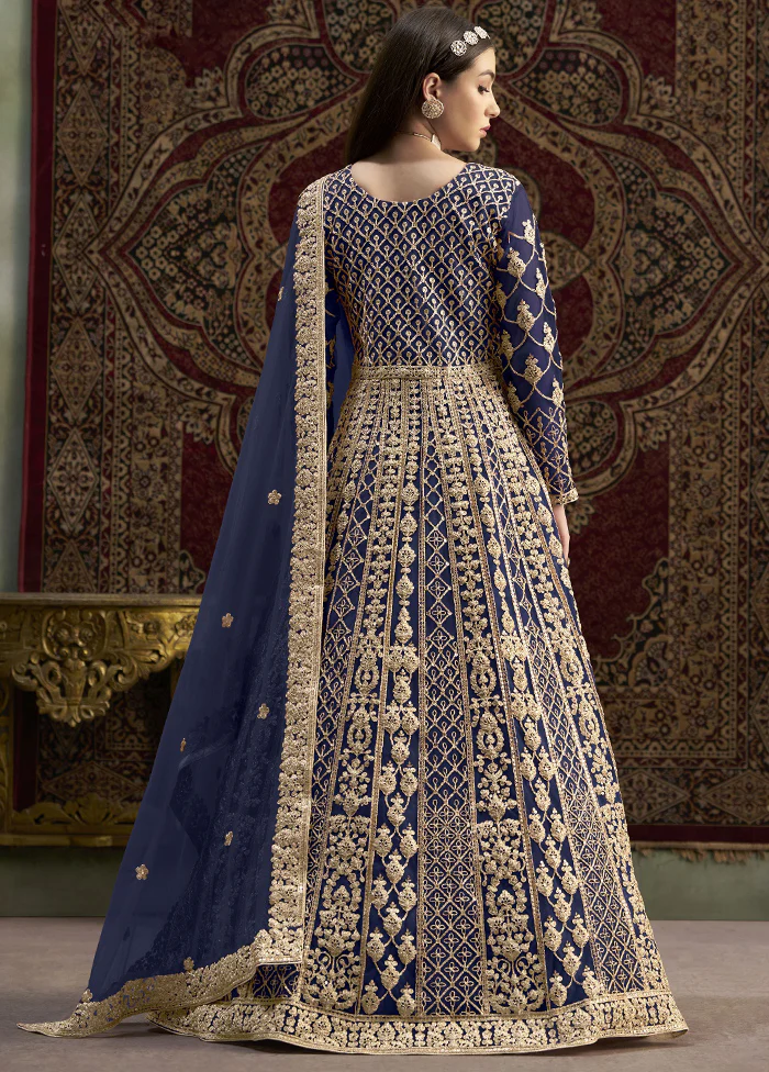 Blue Semi Stitched Net Dupatta Indian Dress - Image 2