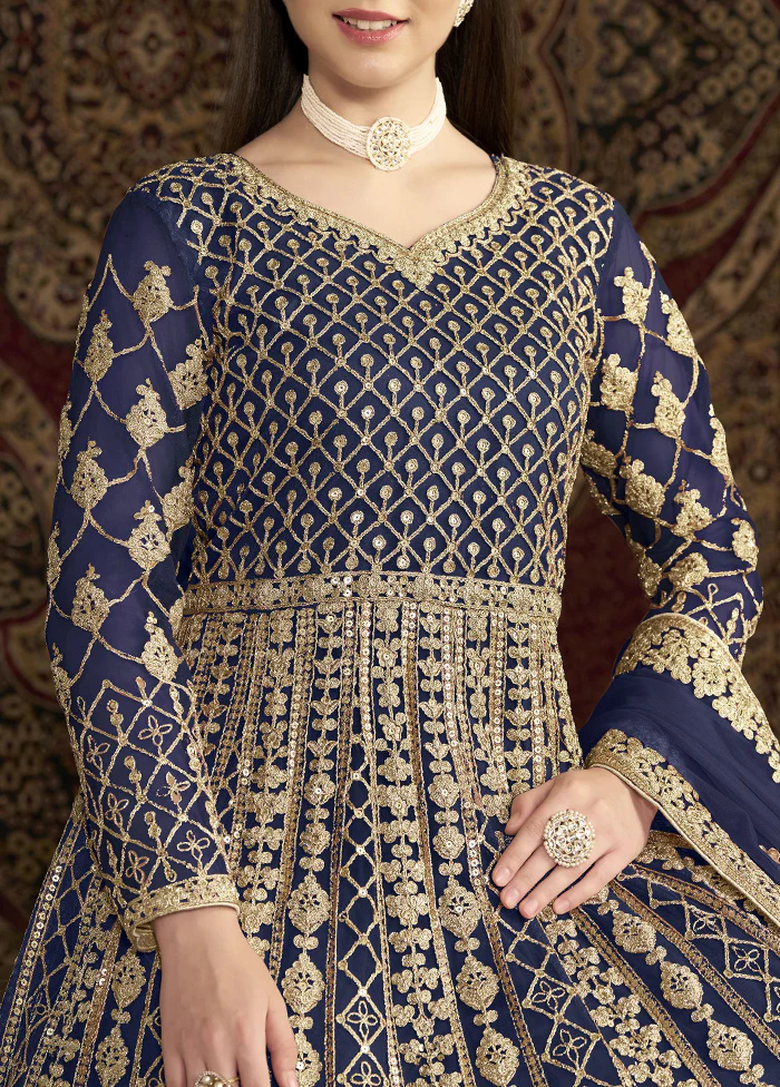 Blue Semi Stitched Net Dupatta Indian Dress - Image 3