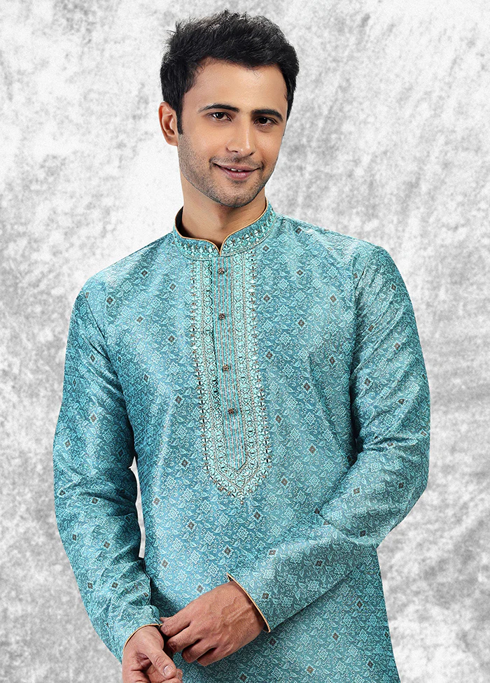 Blue Silk Kurta & Pajama Set - Image 2