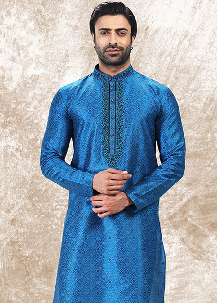 Blue Silk Kurta & Pajama Set - Image 2