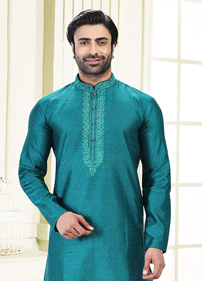 Blue Silk Kurta & Pajama Set - Image 2