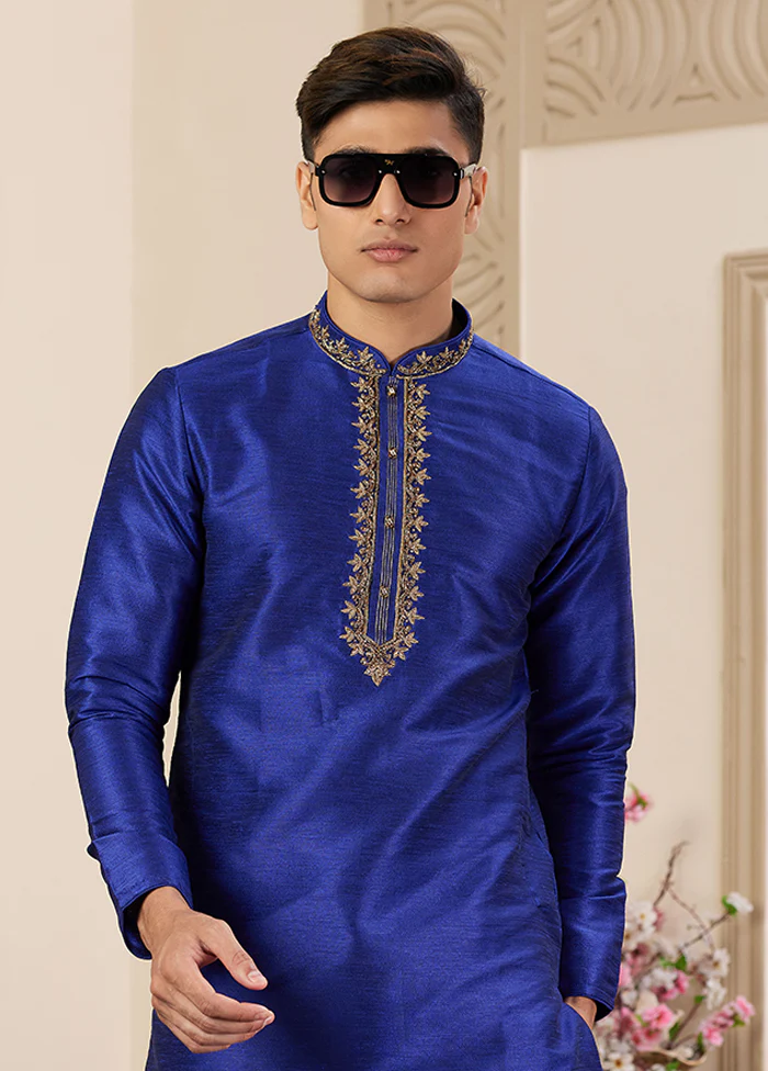 Blue Silk Kurta & Pajama Set - Image 2