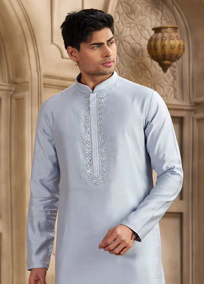 Blue Silk Kurta & Pajama Set - Image 2