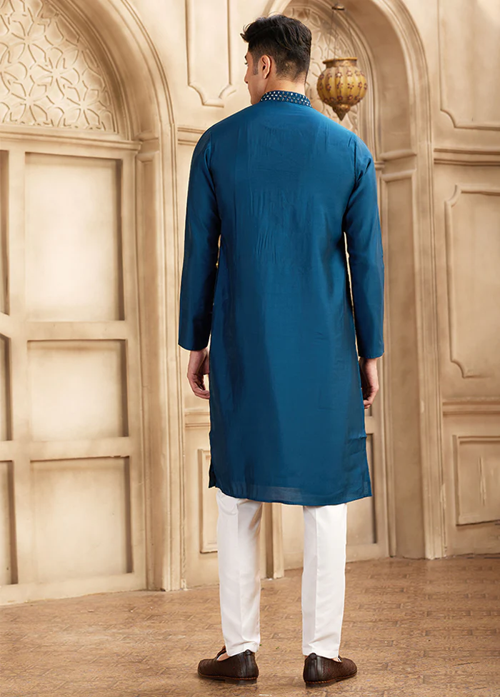 Blue Silk Kurta & Pajama Set - Image 3