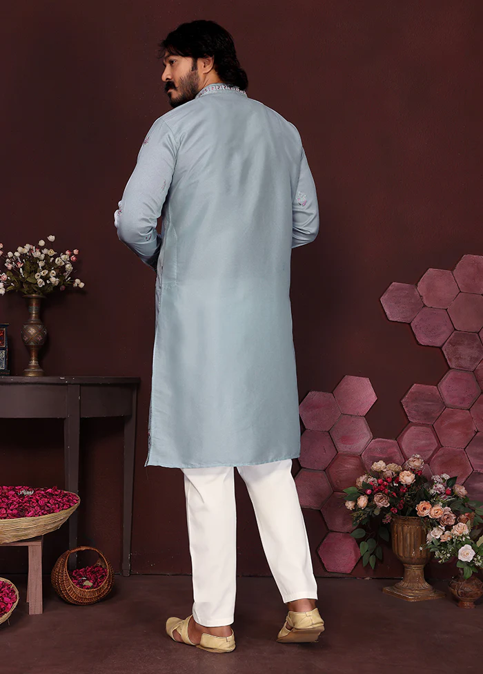 Blue Silk Kurta & Pajama Set - Image 3