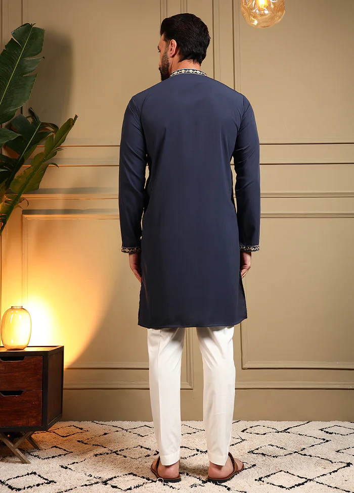 Blue Silk Kurta & Pajama Set - Image 3