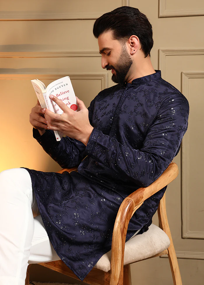 Blue Silk Kurta & Pajama Set - Image 2