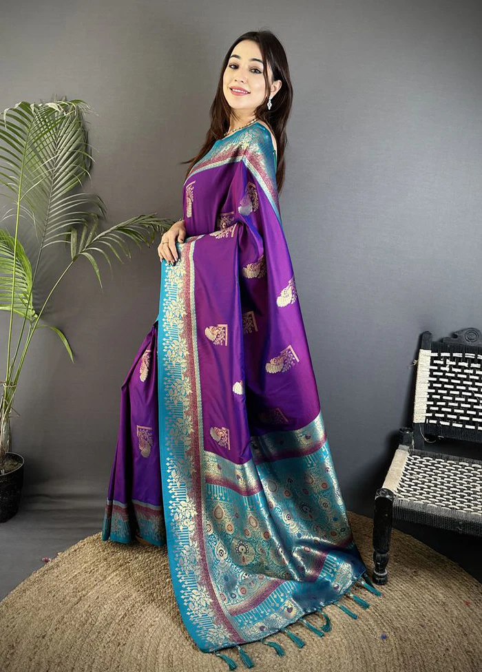 Blue Spun Silk Saree With Blouse Piece - Image 3