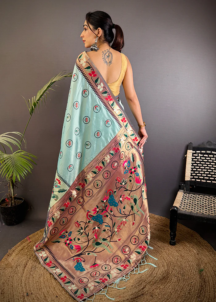 Blue Spun Silk Saree With Blouse Piece - Image 3