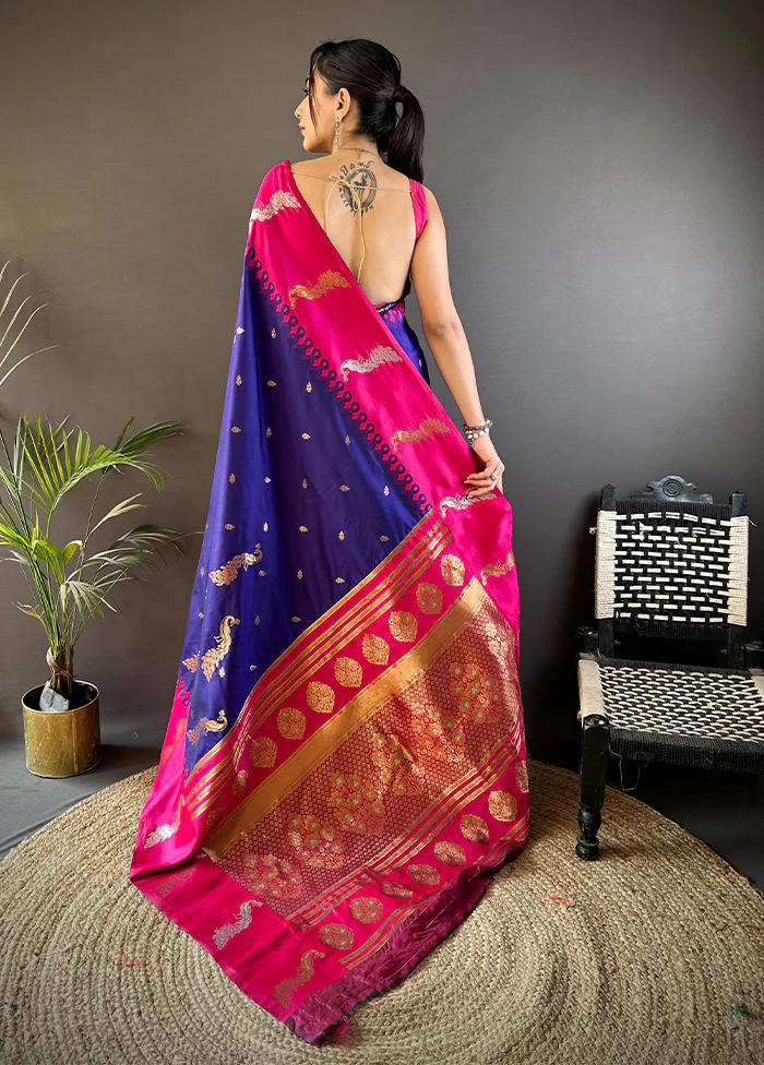Blue Spun Silk Saree With Blouse Piece - Image 3