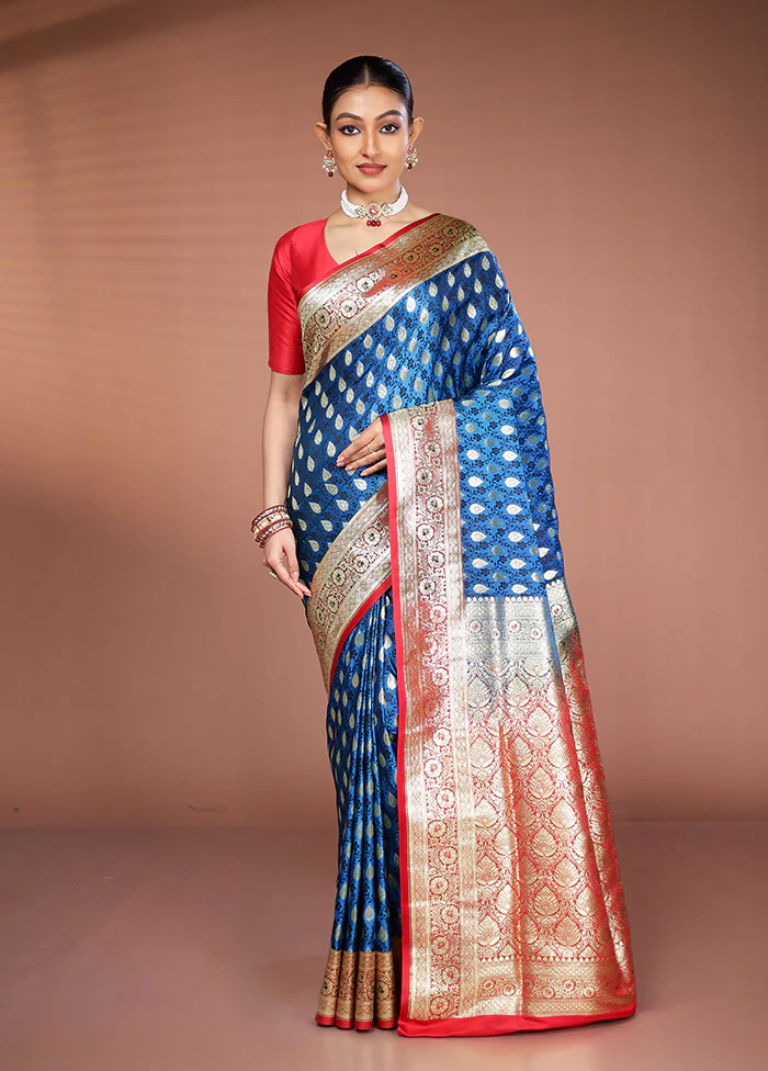 Blue Tanchoi Silk Saree With Blouse Piece - Image 2