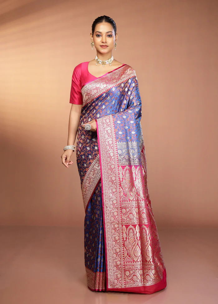 Blue Tanchoi Silk Saree With Blouse Piece - Image 2