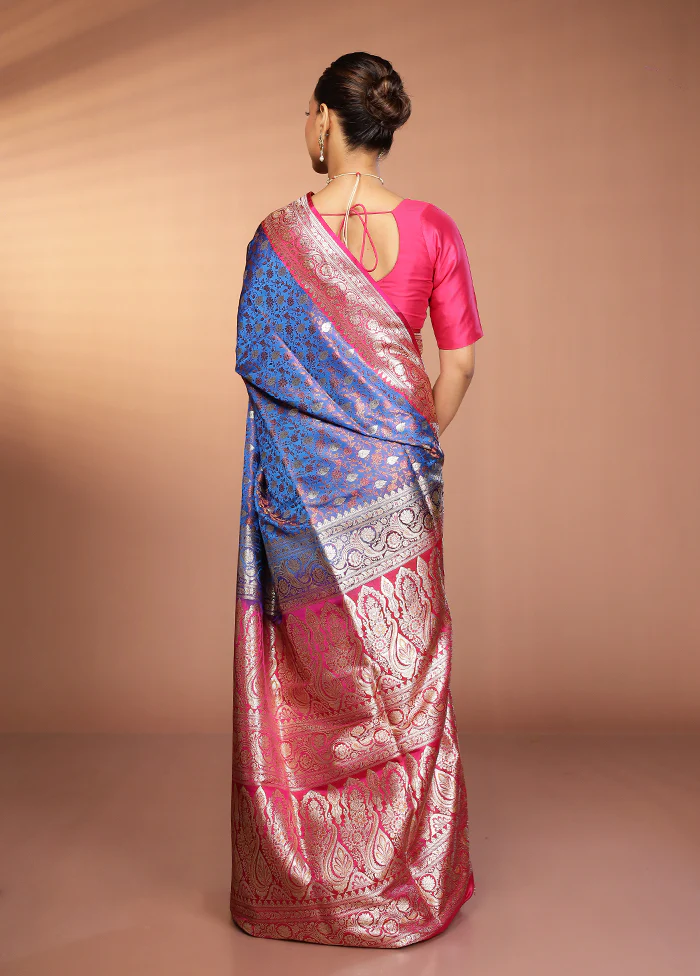 Blue Tanchoi Silk Saree With Blouse Piece - Image 3