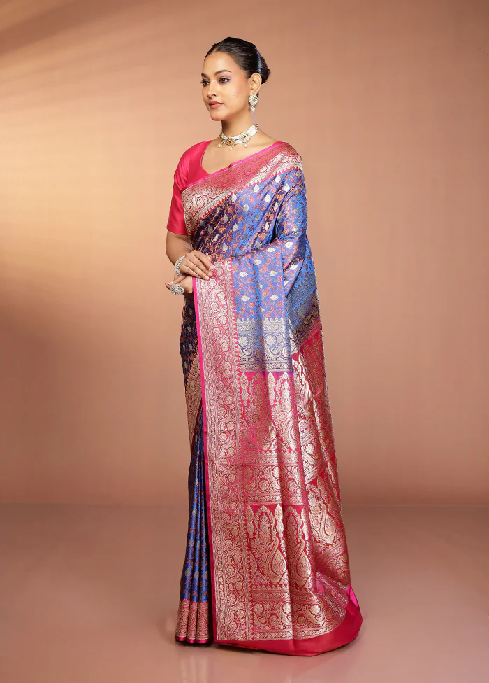 Blue Tanchoi Silk Saree With Blouse Piece - Image 4