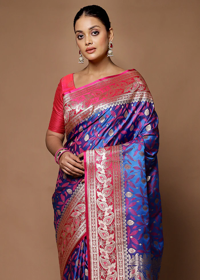 Blue Tanchoi Silk Saree With Blouse Piece - Image 2