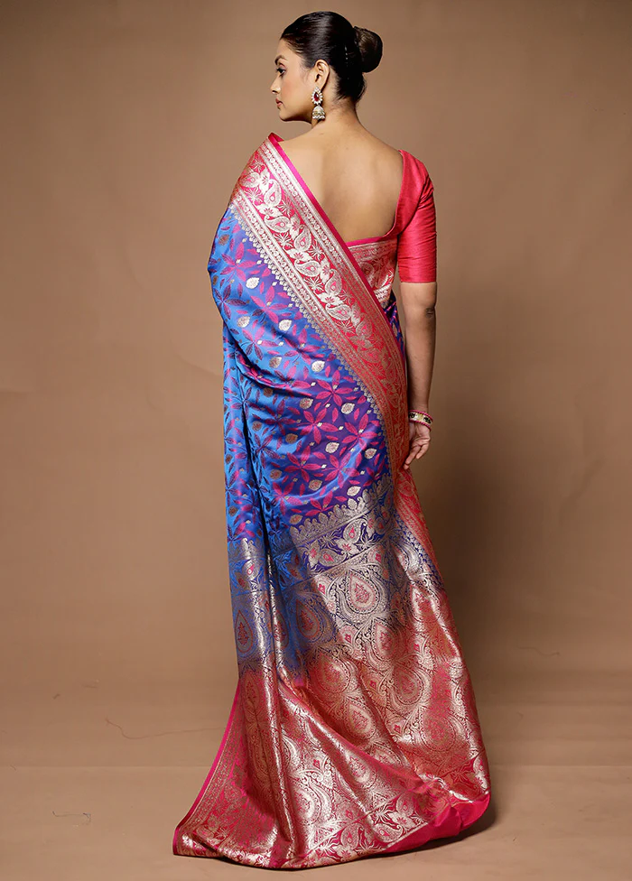 Blue Tanchoi Silk Saree With Blouse Piece - Image 3