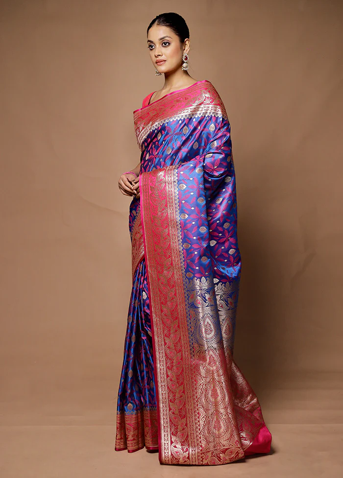 Blue Tanchoi Silk Saree With Blouse Piece - Image 4