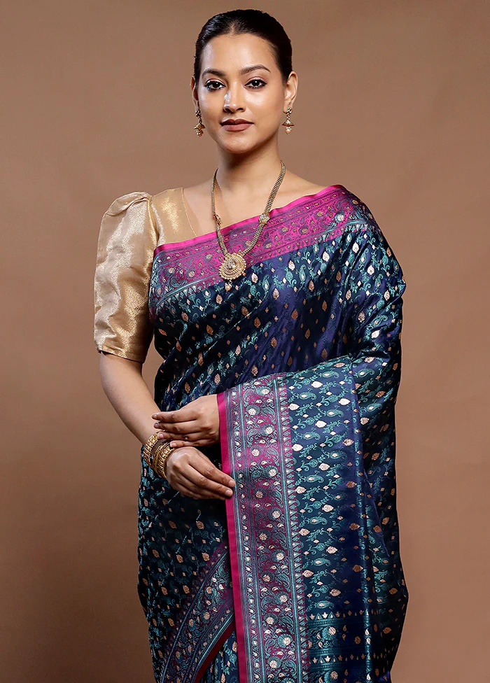 Blue Tanchoi Silk Saree With Blouse Piece - Image 2