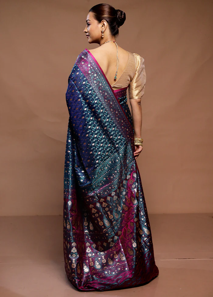 Blue Tanchoi Silk Saree With Blouse Piece - Image 3