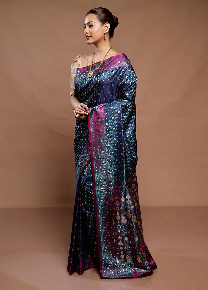 Blue Tanchoi Silk Saree With Blouse Piece - Image 4