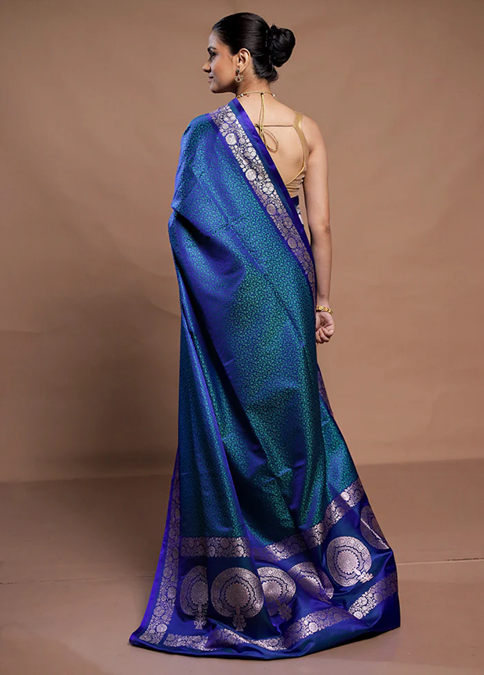 Blue Tanchoi Silk Saree With Blouse Piece - Image 3