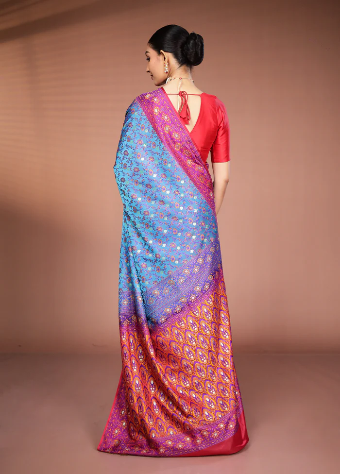 Blue Tanchoi Silk Saree With Blouse Piece - Image 3