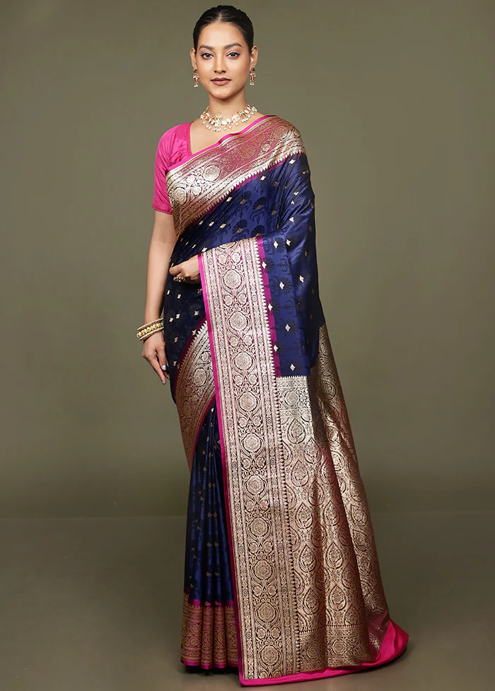 Blue Tanchoi Silk Saree With Blouse Piece - Image 2