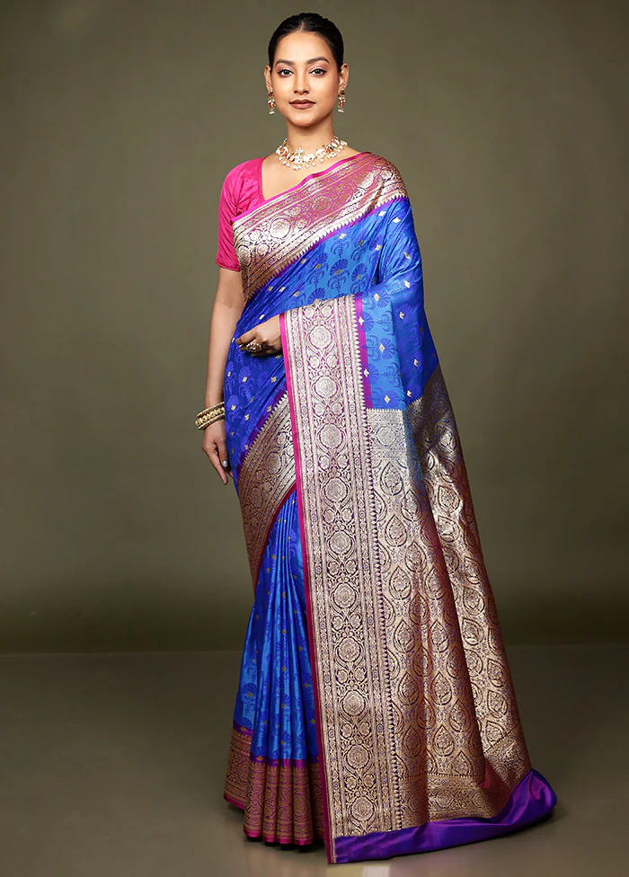 Blue Tanchoi Silk Saree With Blouse Piece - Image 2