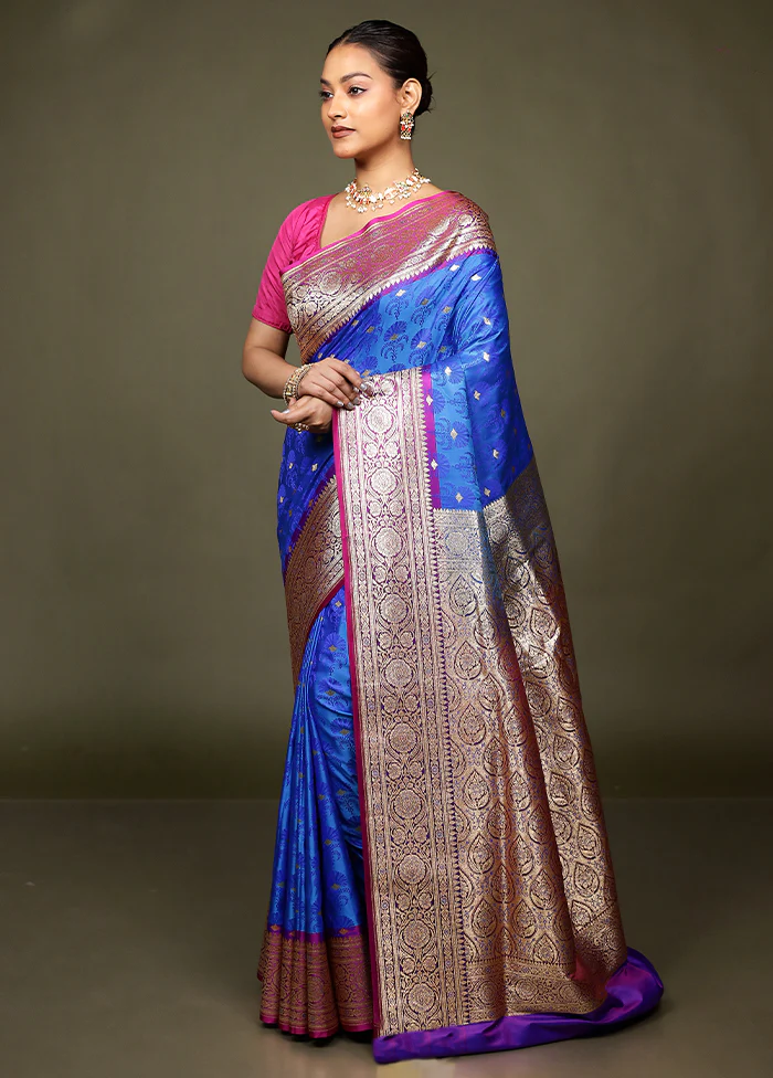 Blue Tanchoi Silk Saree With Blouse Piece - Image 4