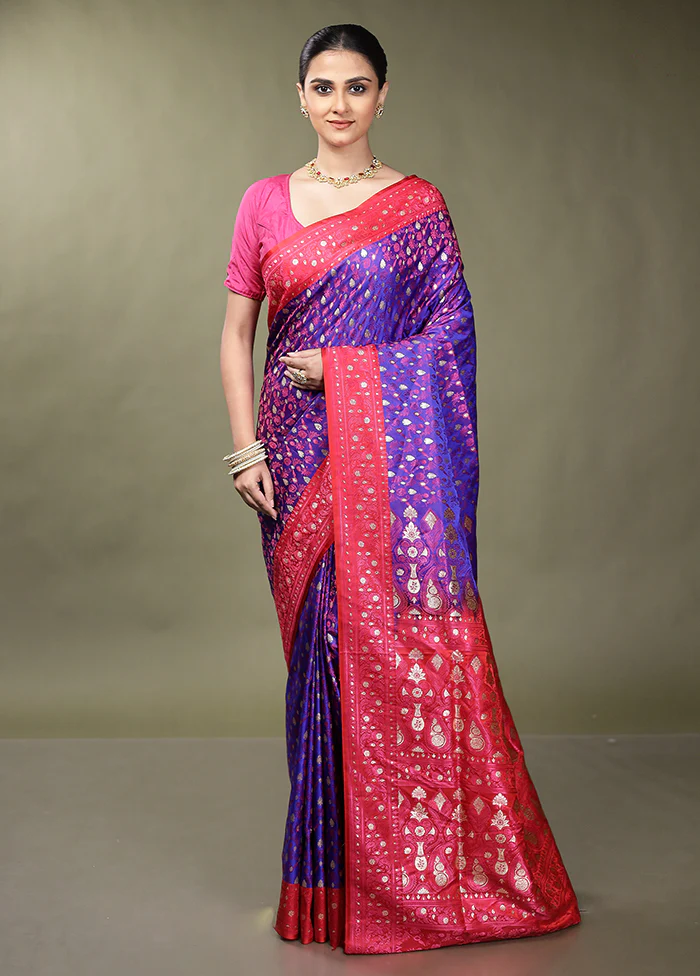 Blue Tanchoi Silk Saree With Blouse Piece - Image 2