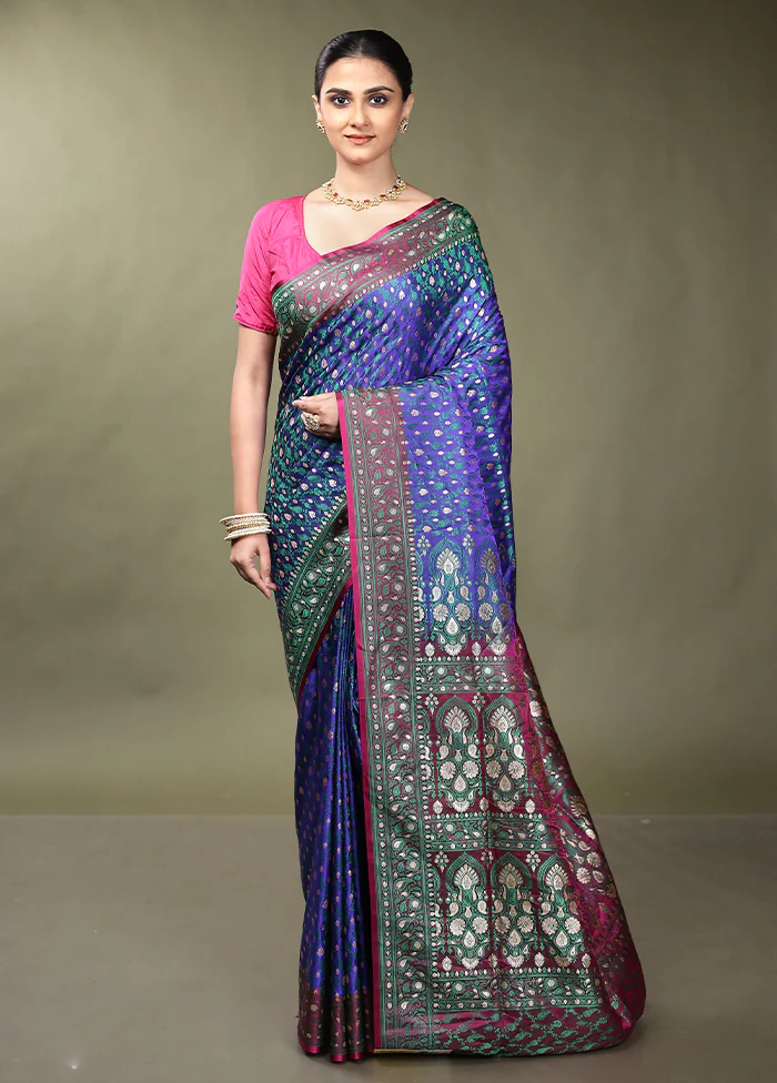 Blue Tanchoi Silk Saree With Blouse Piece - Image 2